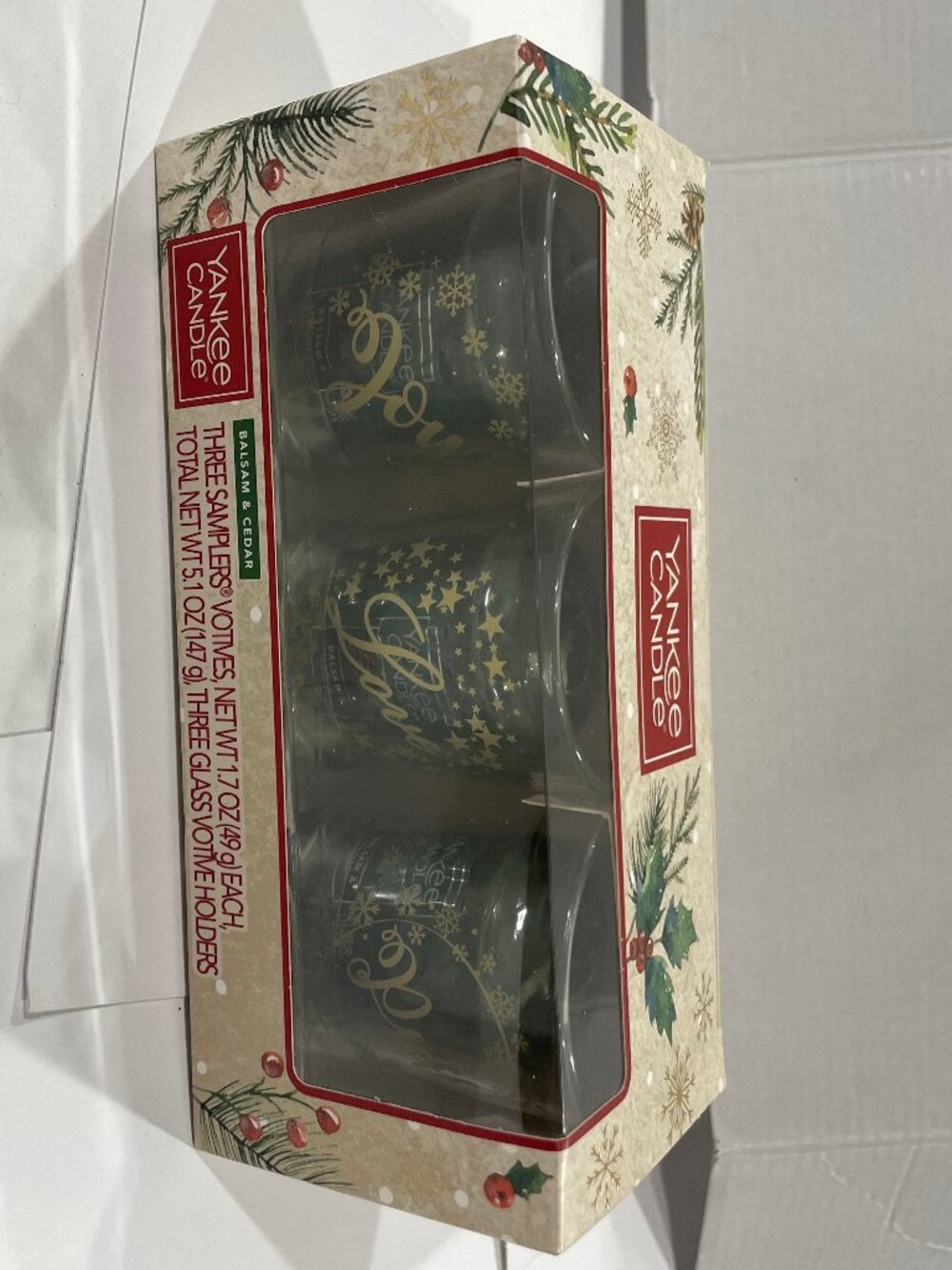 New 3 Yankee Candle Balsam & Cedar Votive W/ LOVE PEACE JOY Glass Holders Xmas